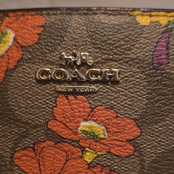 COACH Brown Signature Floral Continental Wallet with Orange & Yellow Blooms - Picture 2 of 14